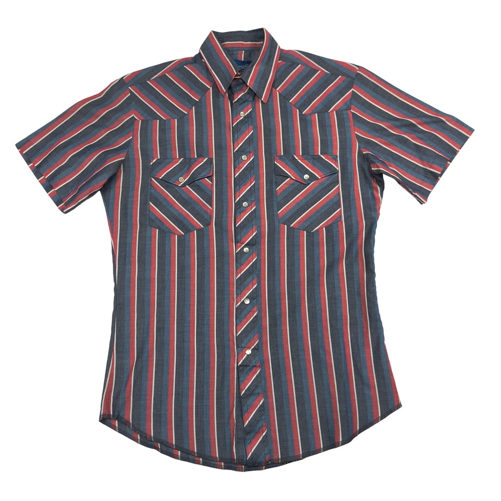 Wrangler Western Shirt Mens Small Short Sleeve Pearl Snap Striped Blue Red 701